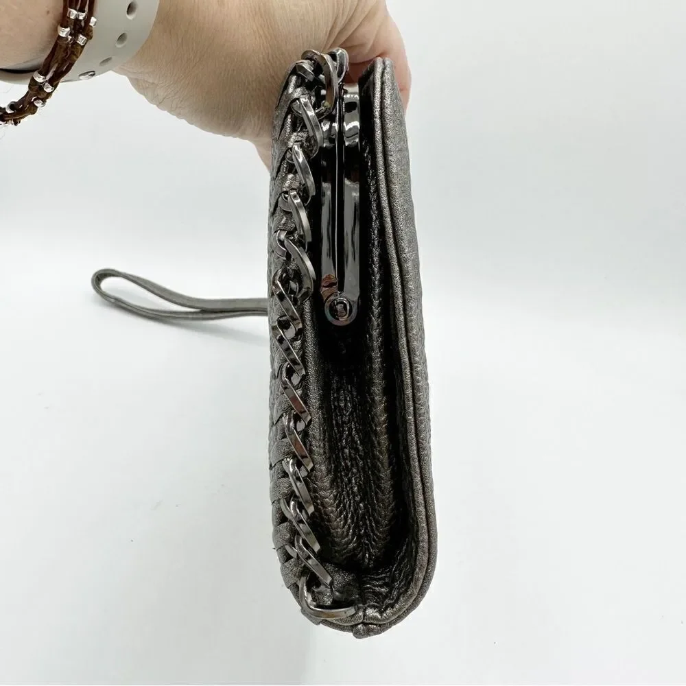 Big-buddha Pewter/Metallic Clutch With‎ Chain Accent Wristlet Vegan Leather
